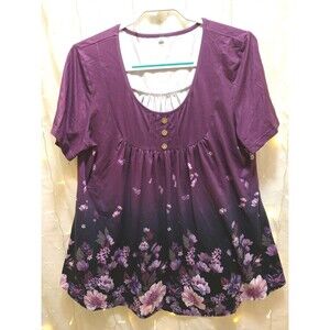 WOMAN SIZE LARGE PURPLE BLOUSE SMOCK FLOWY GATHERED SCOOP FLORAL OMBRE SPRING